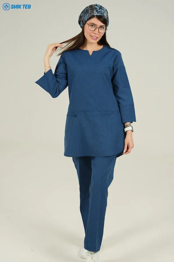 ست اسکراب پزشکی و جراحی ابی درباری زنانه استین سه ربع