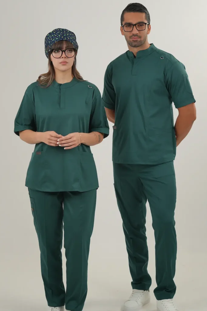 ست اسکراب پزشکی استین کوتاه دیپلمات زنانه مردانه سبز